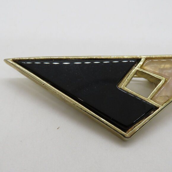 Vintage Triangle Brooch 3" Geometric Gold Tone Black Cream Inlays - Picture 4 of 7